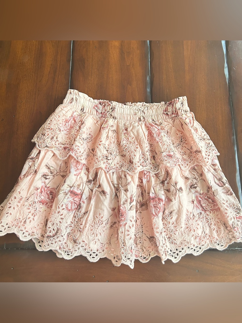 LoveShackFancy Blush Pink Floral Eyelet Tiered Mini Skirt
